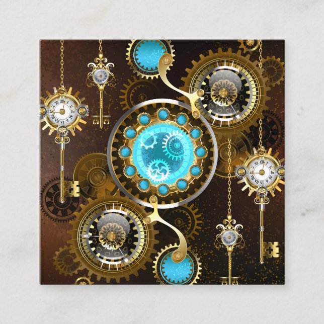 Steampunk Rusty Background with Turquoise Lenses Square Business Card (Front)
