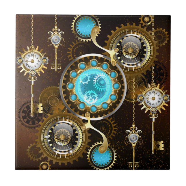 Steampunk Rusty Background with Turquoise Lenses Tile (Front)