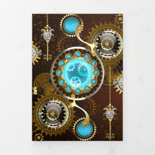 Steampunk Rusty Background with Turquoise Lenses Tri-Fold Invitation