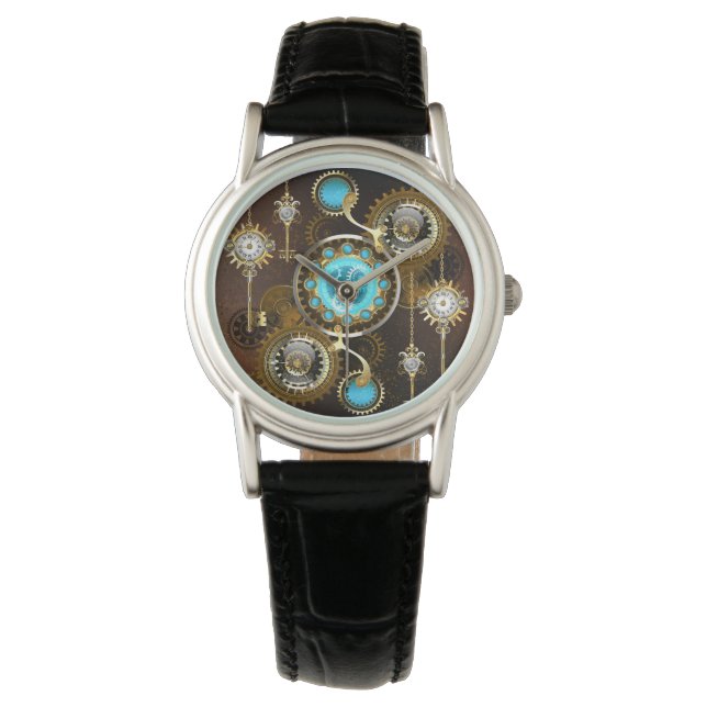 Steampunk Rusty Background with Turquoise Lenses Watch (Front)