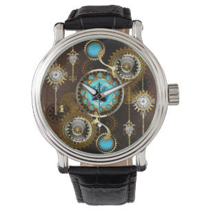 Steampunk Rusty Background with Turquoise Lenses Watch