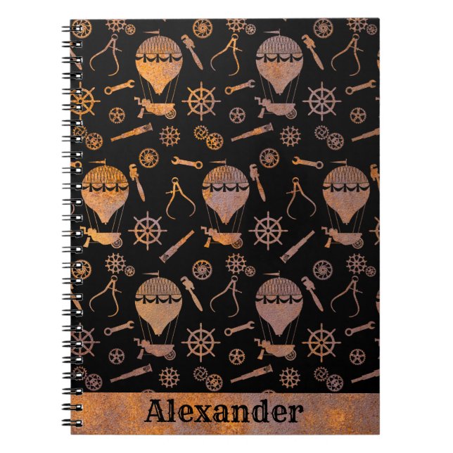Steampunk Rusty Ballooning Theme Custom Name Notebook (Front)