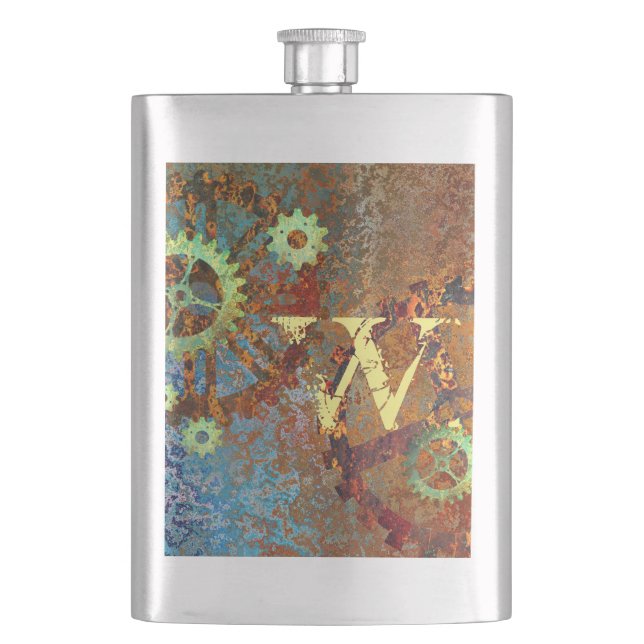 Steampunk Rusty Clockwork Gears  Hip Flask (Front)
