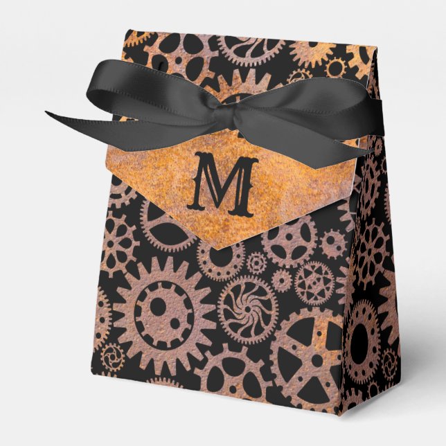 Steampunk Rusty Gears Custom Monogram Favour Box (Front Side)