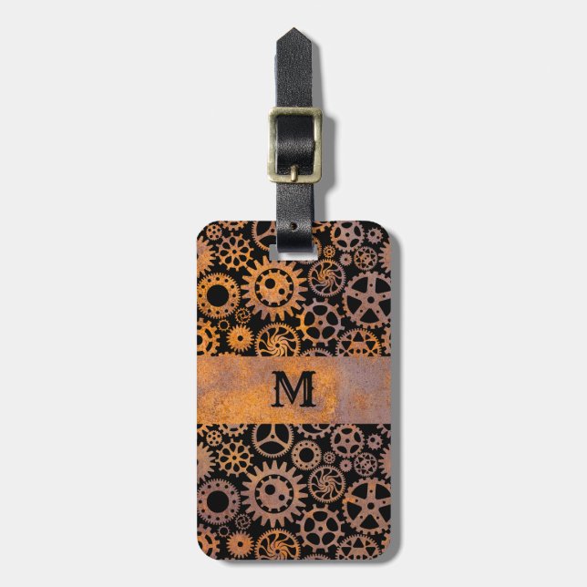 Steampunk Rusty Steel Gears Custom Monogram Luggage Tag (Front Vertical)