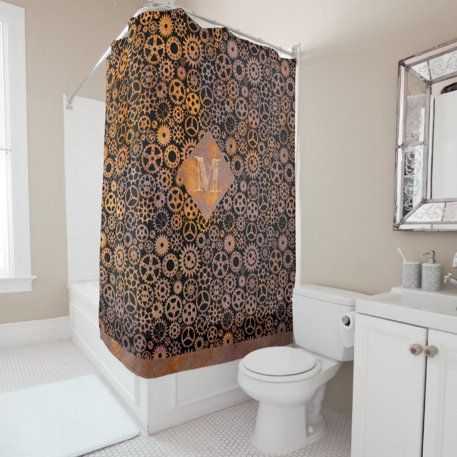 Steampunk Rusty Steel Gears Custom Monogram Shower Curtain (In Situ)