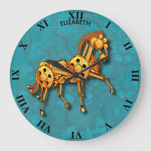 Steampunk Rusty Vintage Mechanic Orange Horse Large Clock