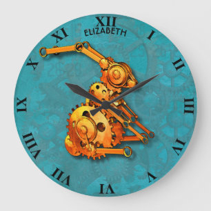Steampunk Rusty Vintage Mechanic Orange Rabbit Large Clock
