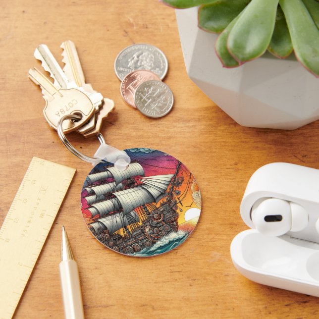 STEAMPUNK SAILING SHIP SUNSET KEY RING (Desk)