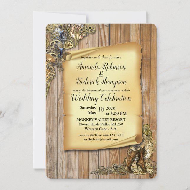 Steampunk Sculptures on Wood Invitation (Front)
