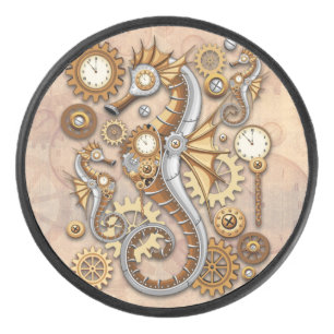 Steampunk Seahorse Vintage Surreal Art Hockey Puck