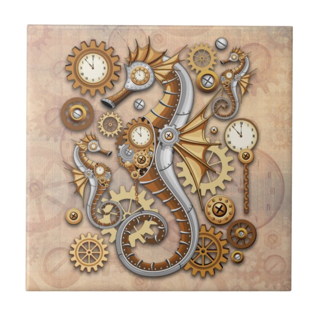 Steampunk Seahorse Vintage Surreal Art   Tile (Front)