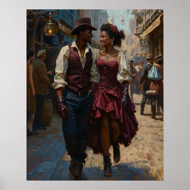 Steampunk Serenade - Romantic Encounter Watercolor Poster (Front)