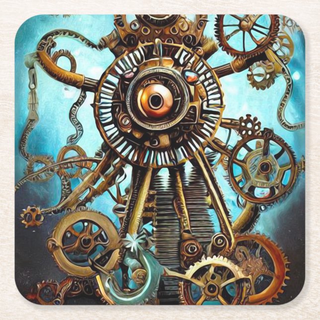 Steampunk Ship Wheel Eye Square Paper Coaster (Front)
