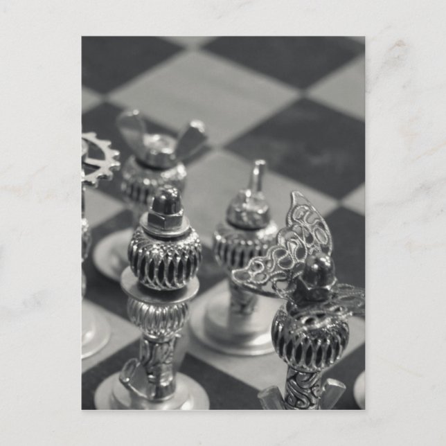Steampunk Silver Chess Figure Pieces Postcard (Front)