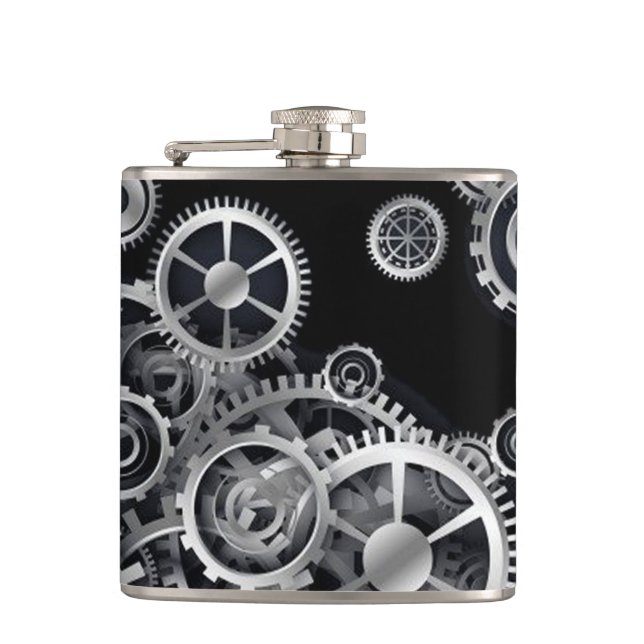 Steampunk Silver Gears Hip Flask (Front)