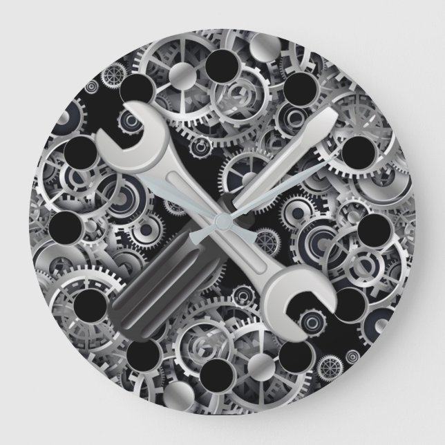 Steampunk Silver Gears & Tools Round Wall Clock (Front)