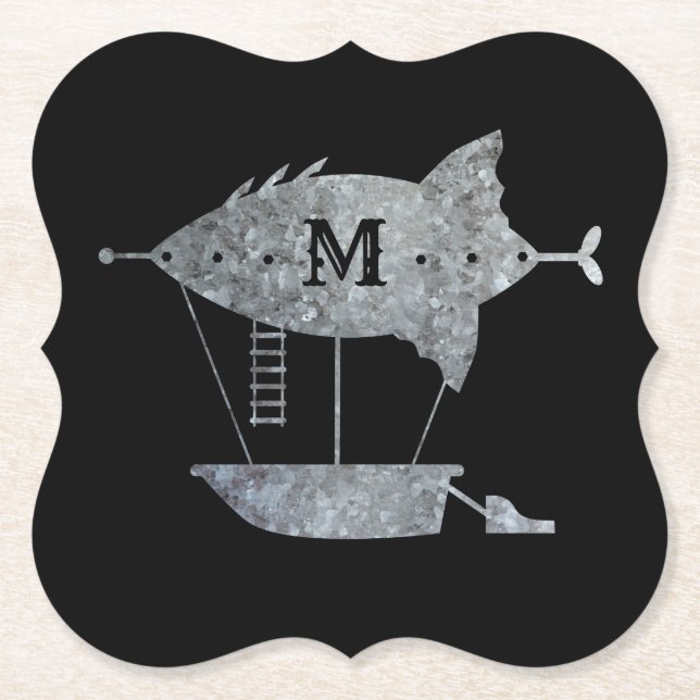 Steampunk Silver Zinc Airship Custom Monogram Paper Coaster (Front)