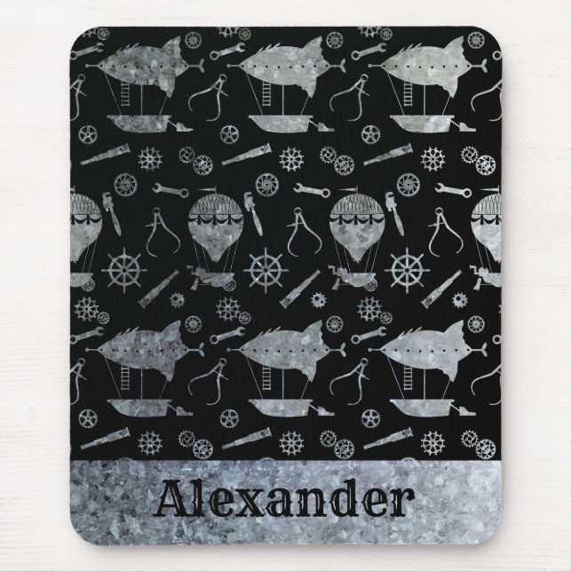 Steampunk Silver Zinc Airships Custom Name Mouse Pad (Front)