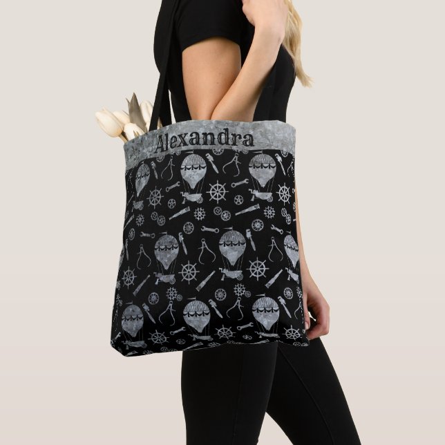 Steampunk Silver Zinc Balloons Custom Name Tote Bag (Close Up)