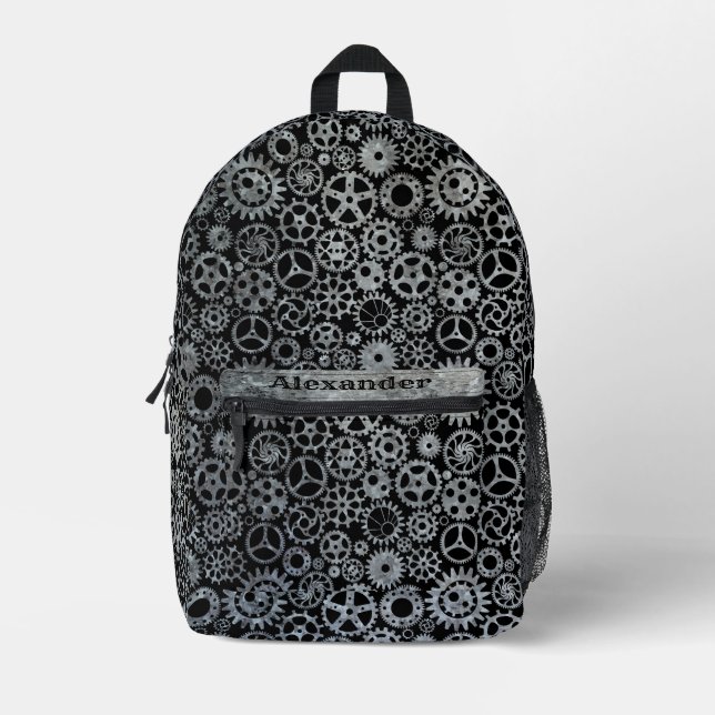 Steampunk Silver Zinc Bronze Gears Custom Name Printed Backpack (Front)