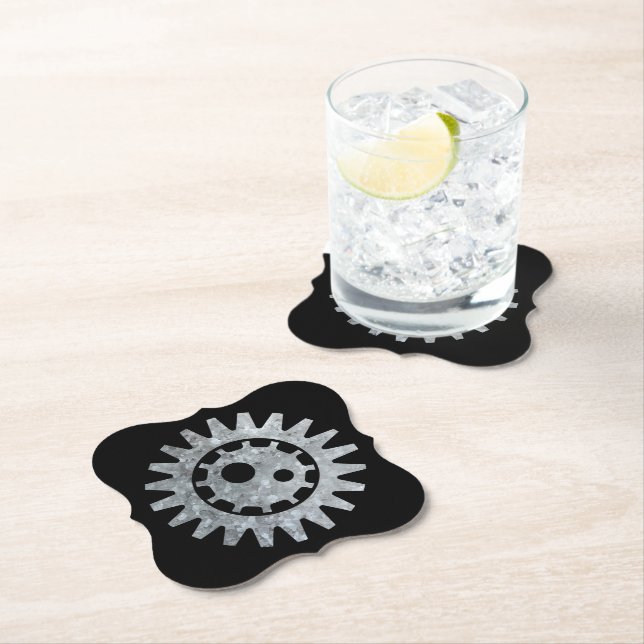 Steampunk Silver Zinc Gear I Paper Coaster (Insitu)