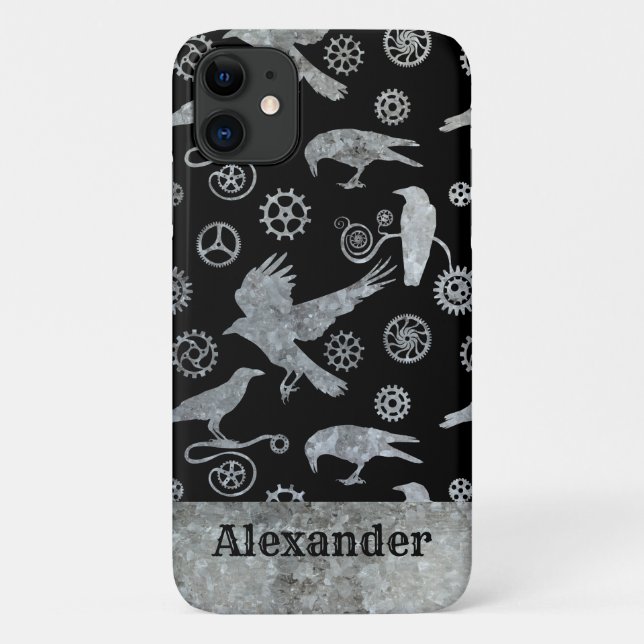 Steampunk Silver Zinc Gears and Crows Custom Name Case-Mate iPhone Case (Back)