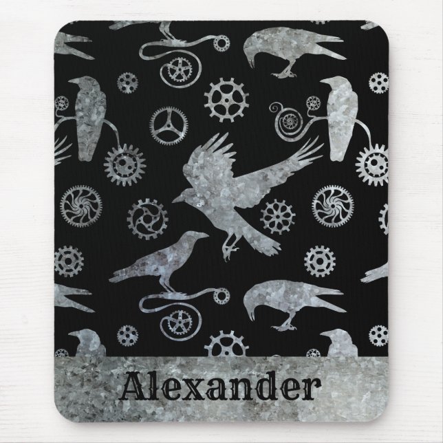 Steampunk Silver Zinc Gears and Crows Custom Name Mouse Pad (Front)