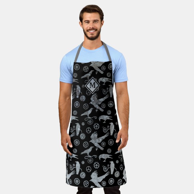 Steampunk Silver Zinc Gears and Crows Monogram Apron (Worn)