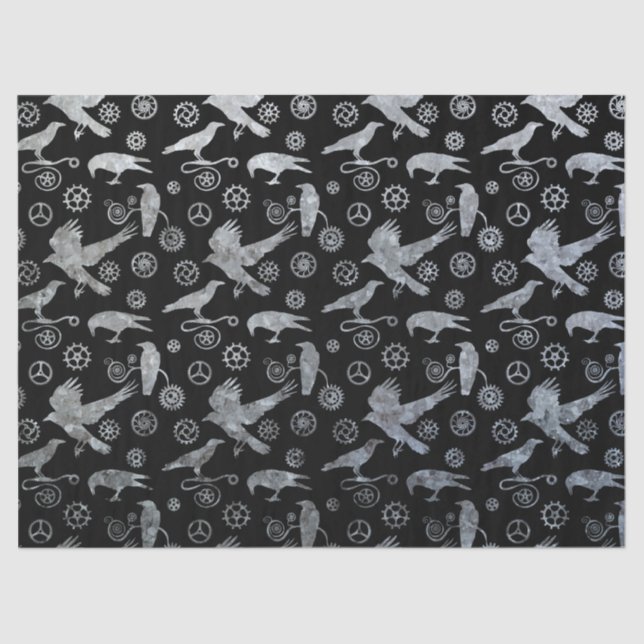 Steampunk Silver Zinc Gears and Crows Tissue Paper (Front)