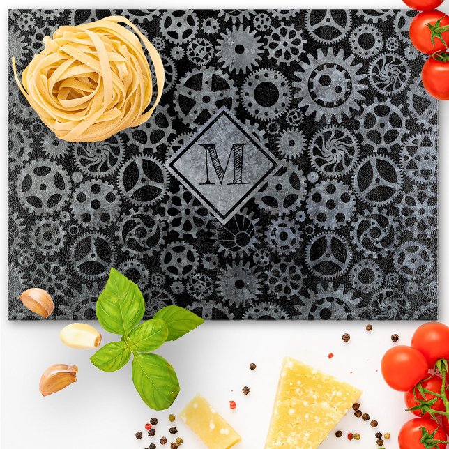 Steampunk Silver Zinc Gears Monogram Cutting Board (Creator Uploaded)