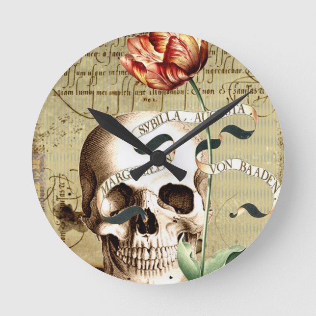 Steampunk Skull Floral Writing Halloween Round Clock (Front)