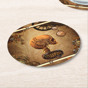 Steampunk skull round paper coaster