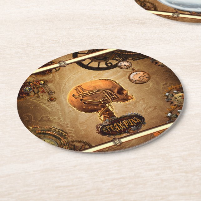 Steampunk skull round paper coaster (Angled)