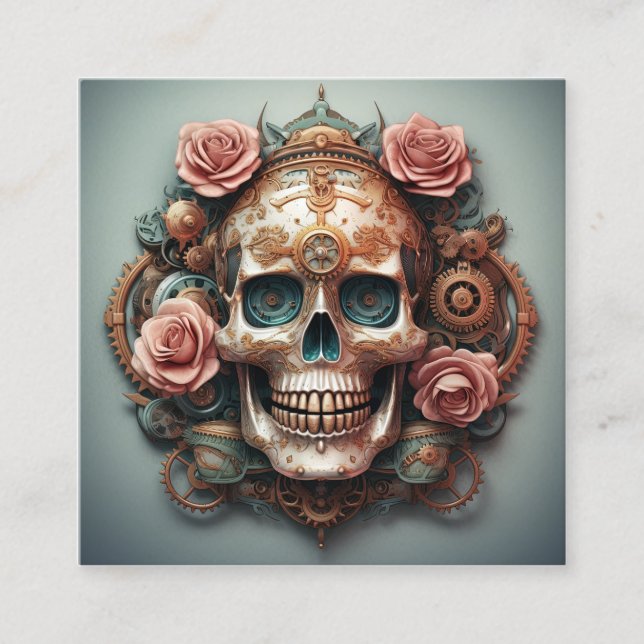 Steampunk Skull with Flowers Background Square Business Card (Front)