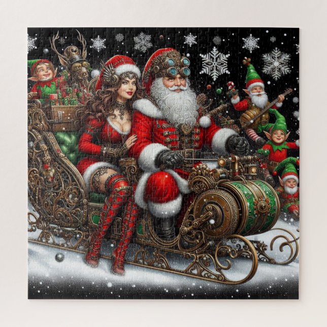 Steampunk Sled ~ Santa With Wife & Elves 02 XX Jigsaw Puzzle (Vertical)