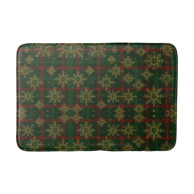 Steampunk Snowflake Red and Green Tartan Bath Mat (Front)