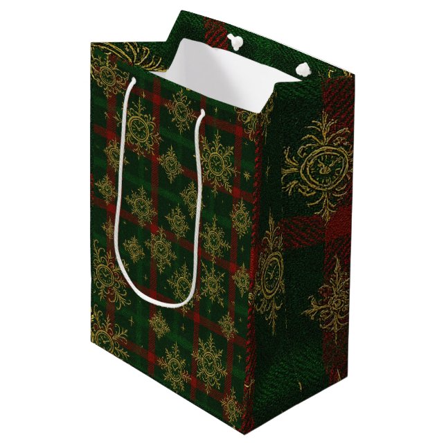 Steampunk Snowflake Red and Green Tartan Medium Gift Bag (Front Angled)