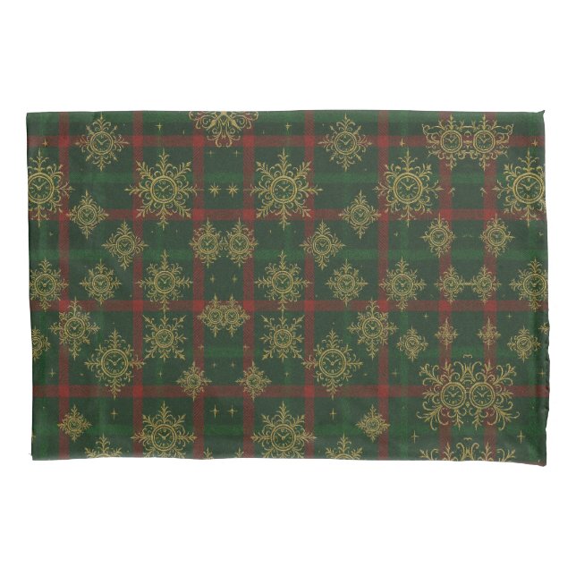 Steampunk Snowflake Red and Green Tartan Pillowcase (Front-Left)