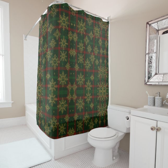Steampunk Snowflake Red and Green Tartan Shower Curtain (In Situ)