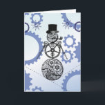Steampunk Snowman Gearry Christmas Card<br><div class="desc">We wish you a "Gearry Christmas"! Steampunk Snowman Gearry Christmas Card features a unique snowman made from clock works and gears. This fine fellow has a fine top hat, pipe and buttons made from gears. His arms are clock hands. Their are gear snowflakes falling from the sky and a gear...</div>