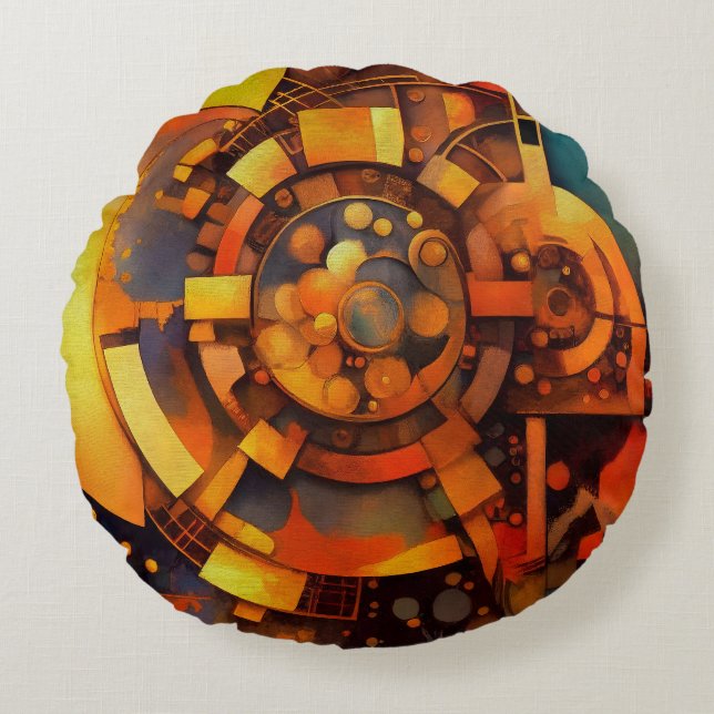 Steampunk Solar Mechanism Abstract Round Cushion (Front)