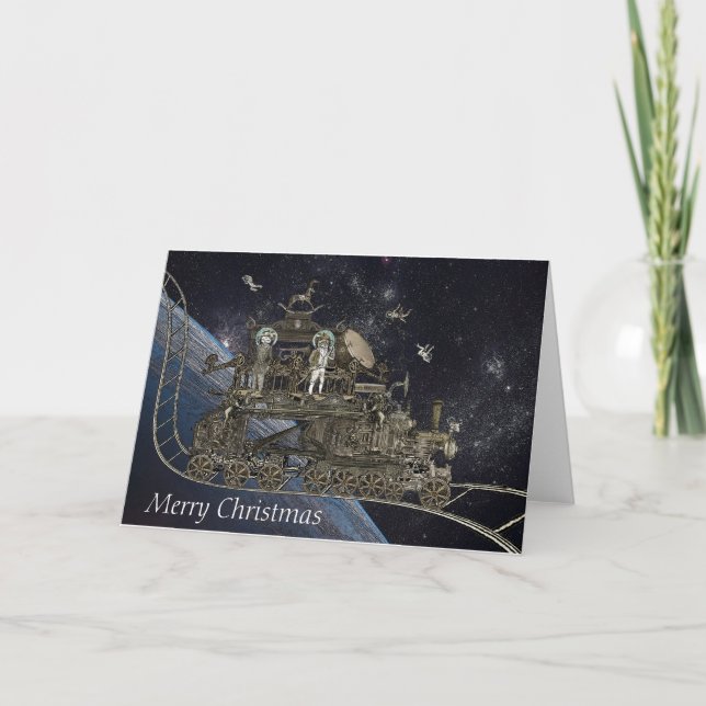 Steampunk Space Cat Train Holiday Card (Front)
