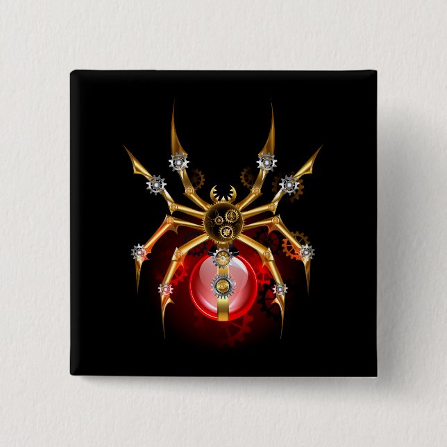 Steampunk spider on black 15 cm square badge (Front)