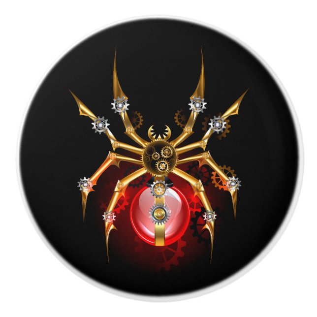 Steampunk spider on black ceramic knob (Front)