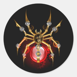 Steampunk spider on black classic round sticker