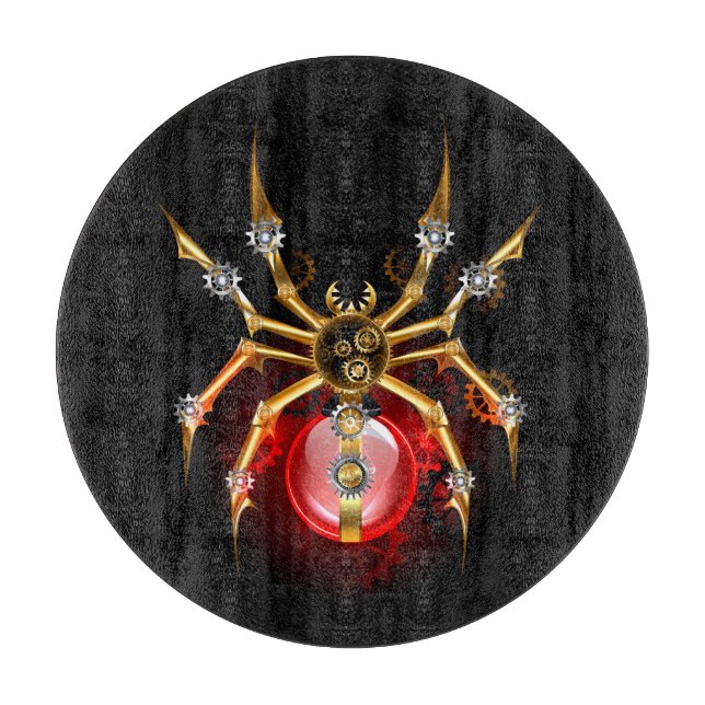 Steampunk spider on black cutting board (Front)