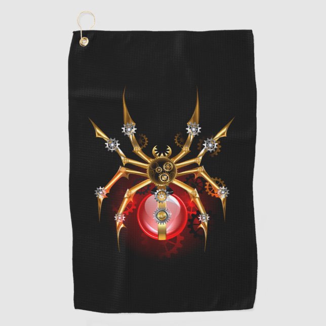 Steampunk spider on black golf towel (Front)