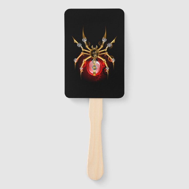 Steampunk spider on black hand fan (Front)