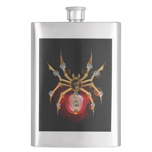 Steampunk spider on black hip flask (Front)